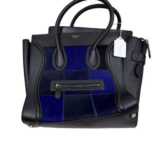 Celine Luggage Tote Black Blue Leather Calf Hair Handbag